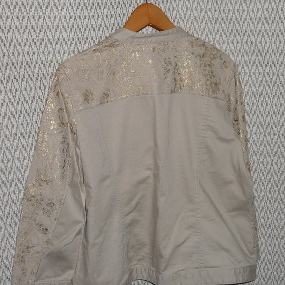 Chico's size 3 Fancy Jacket Khaki Beige with Gold Lace Sparkle XL, 14 - Picture 9 of 9